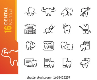 Zahnklinik-Elemente - dünner Web-Icon-Satz. Kollektion von Symbolen in einer Übersicht. Einfache Vektorillustration.