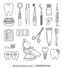 Equipo de la clínica dental delinea la Ilustración vectorial dibujada a mano del doodle