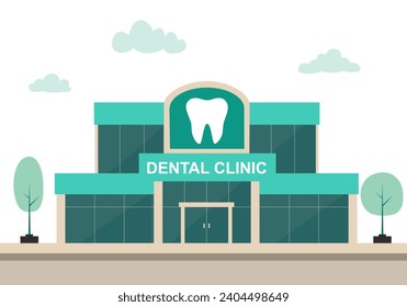 Dental clinic exterior front view in flat design on white background.