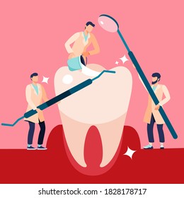 Dental clinic flat cartoon illustration. Hygienist orthodontic banner. Stomatology, design. Teeth care and checkup.