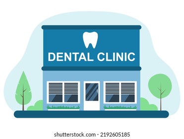 Dental clinic in flat design on blue background. Dentistry dental care.