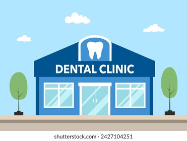 Dental clinic in flat design on blue background. Dentistry dental care.