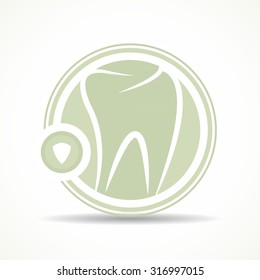 Dental clinic green color logo with tooth and shield protection icons on badge concept style sign art