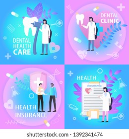 Dental Clinic Health Care Insurance Banner Set. Doctor Dentist Tooth Treatment Man Sign Contract Vector Illustration. Medical Professional Service Money Bill Coverage Patient Support