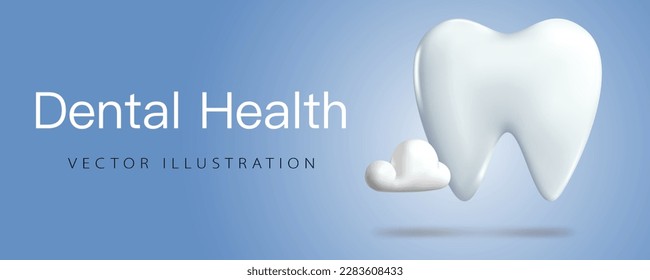 Dental clinic, dental health concept banner in realistic 3d volumetric plastic style, isolated on background. Dental treatment teeth poster, vector illustration.