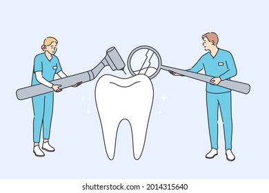 Dental clinic and healthcare concept. Woman and man dentists cartoon characters standing examining state of huge human tooth together vector illustration 