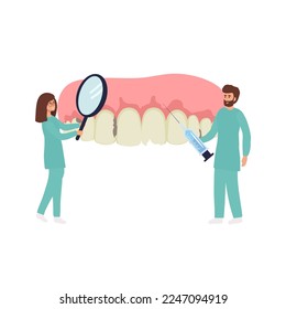 Dental clinic and healthcare concept. Woman and man dentists cartoon characters standing examining state of huge human tooth together vector illustration