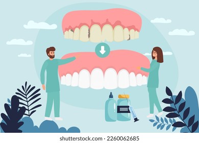 Dental clinic and healthcare concept. Woman and man dentists cartoon characters standing examining state of huge human tooth together vector illustration,