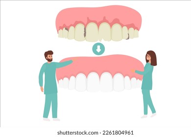 Dental clinic and healthcare concept. Woman and man dentists cartoon characters standing examining state of huge human tooth together vector illustration,