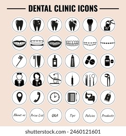 Dental clinic highlights covers. Dentist cabinet icons for social media .Toothbrush, toothpaste, caries, veneers, tooth whitening, implant, calculus, orthodontics. Flat monochrome dentistry icons set,