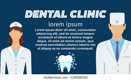 Dental clinic horizontal banner with dentists and ultrasonic tooth cleaning symbols. Flat style design. Colorful template for design prints vector illustration and place for text