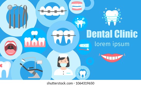 Dental clinic horizontal banner with flat symbols of dental instruments braces dentist chair orthodontic dentist dental crown. Colorful template for design prints vector illustration place for text