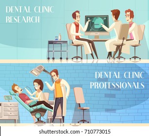 Dental clinic horizontal banners with group of dentists taking part in research and giving professional advice flat vector illustration 