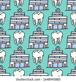 Dental clinic, hospital and tooth. Doodle hand drawn illustration in blue green colors. Seamless vector pattern for fashion fabric, paper, wallpaper, poster, cover, all over print.