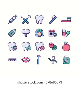 Dental Clinic Icon Set In Colored Outline Style