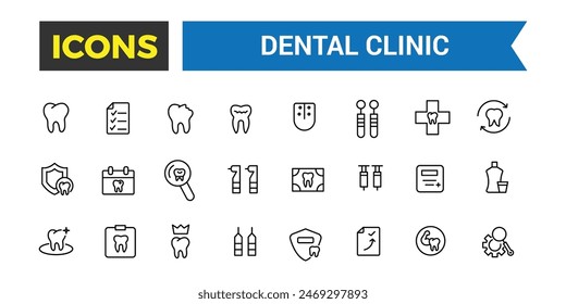 Dental clinic icon set. Outline icons pack. Editable vector icon and illustration.