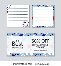 Dental Clinic Identity elements Promotion Flyer and paper sticker pages. Graphic design vector isolated. Decorated with dental elements. Dental, dentist, hygiene, medical, health, tooth, oral, mouth.