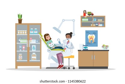 Dental clinic interior. Little child visiting the dentist with toothache. Healthcare and oral hygiene. Isolated flat vector illustration