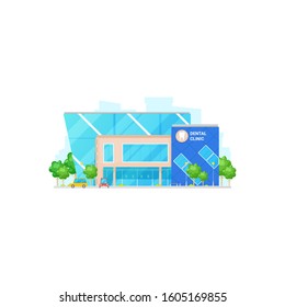 Dental Clinic Isolated Dentistry Center Building. Vector Dentist Office Facade, Parking Zone