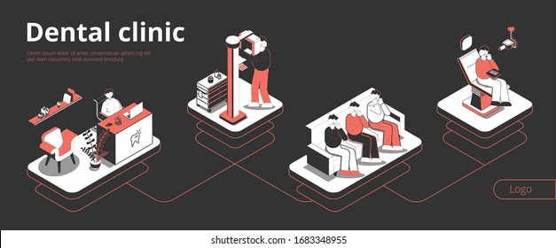 Dental clinic isometric flowchart with reception waiting room xray patient in dentist chair black background vector illustration 