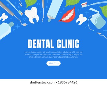 Dental Clinic Landing Page Template, Dentistry Website Interface with Stomatological Tools Vector Illustration