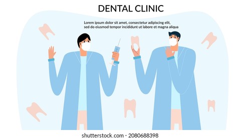 Dental clinic landing page. Two orthodontists. Website template. Vector illustration in flat style