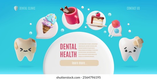 Dental clinic landing page vector design. 3D realistic unhealthy sad teeth exposed to sweets. Oral hygiene for caries prevention. Cartoon toothache problems, upset tooth with medical plaster