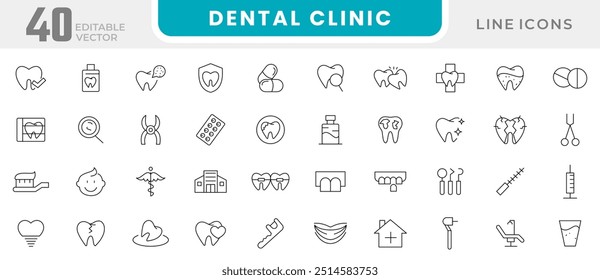 Dental clinic line icon collection. Dentistry, dentist, toothpaste, treatment, toothbrush, teeth, implant doctor, and check up icon set. UI outline icon pack