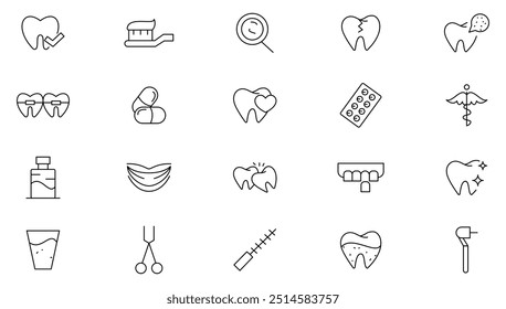 Dental clinic line icon collection. Dentistry, dentist, toothpaste, treatment, toothbrush, teeth, implant doctor, and check up icon set. UI outline icon pack