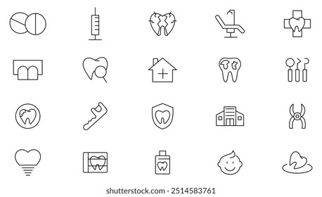 Coleção de ícones da linha da clínica dentária. Odontologia, dentista, pasta de dente, tratamento, escova de dentes, dentes, médico de implantes e verificar o conjunto de ícones. Pacote de ícones da estrutura de tópicos da interface do usuário