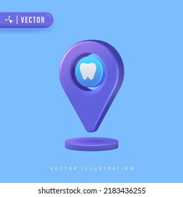 Dental Clinic Location Concept with 3D Realistic Cute Tooth and Location Icon Isolated on Blue Background Vector Illustration. Dental Point Logo Design Template