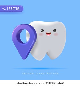 Dental Clinic Location Concept with 3D Realistic Cute Tooth and Location Icon Isolated on Blue Background Vector Illustration. Dental Point Logo Design Template