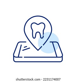 Dental clinic location. Map pointer on isometric smartphone. Pixel perfect, editable stroke line icon