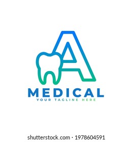 Dental Clinic Logo. Blue Linear Shape Letter A Linked with Tooth Symbol inside. Usable for Dentist, Dental Care and Medical Logos. Flat Vector Logo Design Ideas Template Element.
