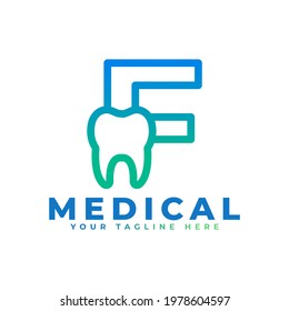 Dental Clinic Logo. Blue Linear Shape Letter F Linked with Tooth Symbol inside. Usable for Dentist, Dental Care and Medical Logos. Flat Vector Logo Design Ideas Template Element.