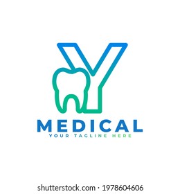 Dental Clinic Logo. Blue Linear Shape Letter Y Linked with Tooth Symbol inside. Usable for Dentist, Dental Care and Medical Logos. Flat Vector Logo Design Ideas Template Element.