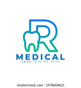 Dental Clinic Logo. Blue Linear Shape Letter R Linked with Tooth Symbol inside. Usable for Dentist, Dental Care and Medical Logos. Flat Vector Logo Design Ideas Template Element.