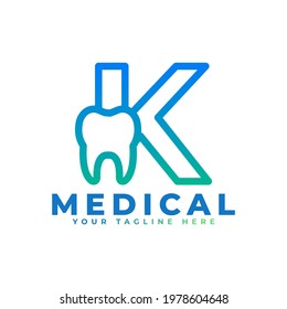 Dental Clinic Logo. Blue Linear Shape Letter K Linked with Tooth Symbol inside. Usable for Dentist, Dental Care and Medical Logos. Flat Vector Logo Design Ideas Template Element.