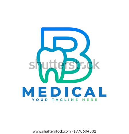 Dental Clinic Logo. Blue Linear Shape Letter B Linked with Tooth Symbol inside. Usable for Dentist, Dental Care and Medical Logos. Flat Vector Logo Design Ideas Template Element.