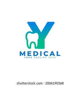 Dental Clinic Logo. Blue Shape Initial Letter Y Linked with Tooth Symbol inside. Usable for Dentist, Dental Care and Medical Logos. Flat Vector Logo Design Ideas Template Element.