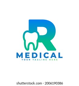 Dental Clinic Logo. Blue Shape Initial Letter R Linked with Tooth Symbol inside. Usable for Dentist, Dental Care and Medical Logos. Flat Vector Logo Design Ideas Template Element.