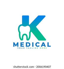 Dental Clinic Logo. Blue Shape Initial Letter K Linked with Tooth Symbol inside. Usable for Dentist, Dental Care and Medical Logos. Flat Vector Logo Design Ideas Template Element.