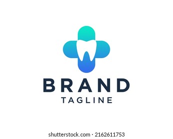 Dental Clinic Logo. Blue Shape Cross Sign with Negative Space Tooth Symbol inside. Usable for Dentist, Healthcare and Medical Logos. Flat Vector Logo Design Template Element