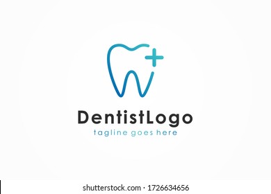 Dental Clinic Logo. Blue Tooth Symbol With Cross Plus Sign Linear Style Isolated On White Background. Usable For Dentist, Healthcare And Medical Logos. Flat Vector Logo Design Template Element.