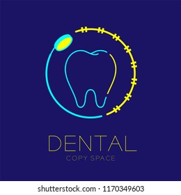 Dental clinic logo icon tooth with mouth mirror and braces circle frame outline stroke set illustration dash line design isolated on dark blue background with dental text and copy space