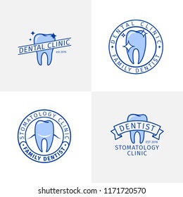 Dental clinic logo templates. Stomatology clinic vector outline labels set