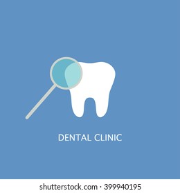 Dental clinic logo with tooth on blue background. Tooth and magnifier for dental clinic logo. Vector illustration 