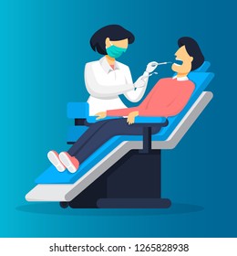 Dental clinic. Man visiting the dentist with toothache. Healthcare and oral hygiene. Isolated flat vector illustration