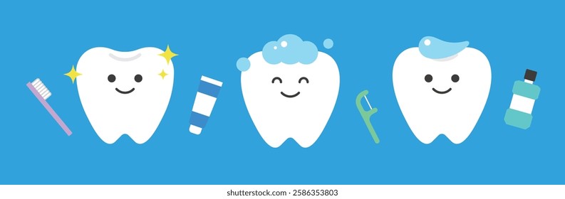 Dental, clinic, medical, hospital concept illustration. Illustrations of cute teeth characters and objects related to brushing teeth such as toothpaste, toothbrush, and dental floss.