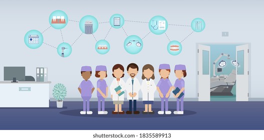 Dental clinic with medical staff and icons flat design vector illustration
